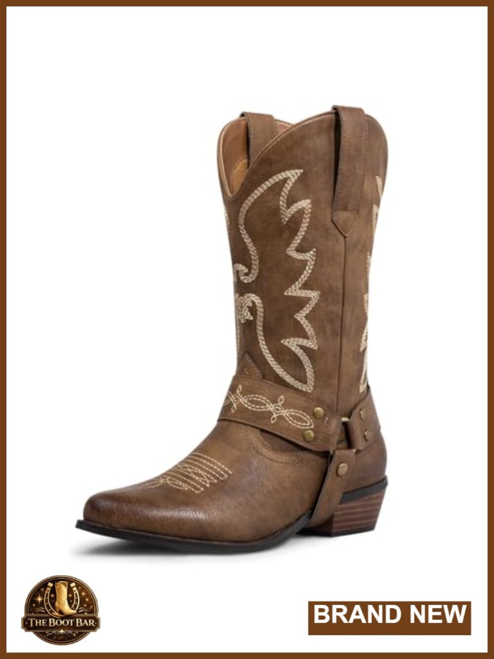 Western Cowboy Boots Mid-Calf Faux Leather Pointed Toe Harness